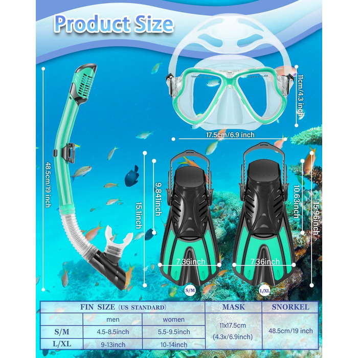 Набір для снорклінгу: маска, ласти, трубка Dry Top, великий/дуже великий, блакитний/прозорий