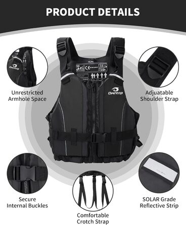 Owntop Плавуча жилетка для дорослих, штанговий ремінь, кишеня, унісекс. Підходить для SUP, каякінгу, риболовлі, вітрильного спорту, каное. Чорний колір, XL-XXL