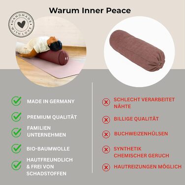 Йога-болстер Inner Peace: довге подування для йоги з органічної дінкової вати, 23 см, Made in Germany, знімний бавовняний чохол (лісова полуниця)