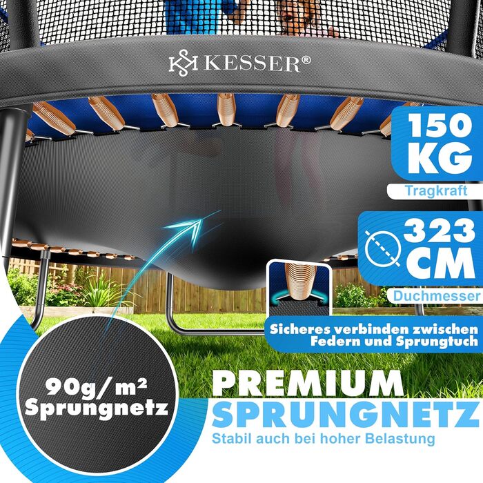 Трамплін KESSER® Outdoor Ø 244/305/366/427 см з сертифікатом GS, для дітей та дорослих (до 150 кг) з сіткою, сумкою, сходами, захистом краю та м'якими стійками сітки (Блакитний, Ø 366 см)