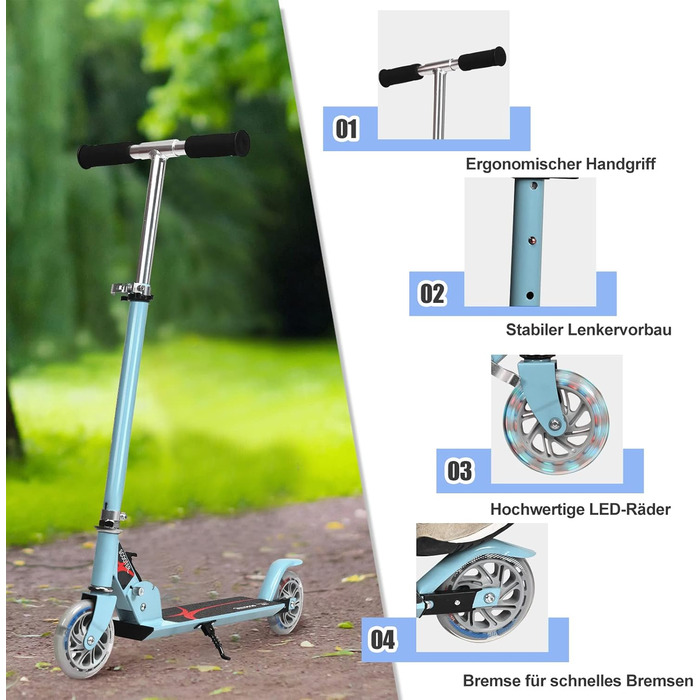 Дитячий ролер COSTWAY з LED-колесами, для дітей від 4 років, до 70 кг, регульована висота, блакитний