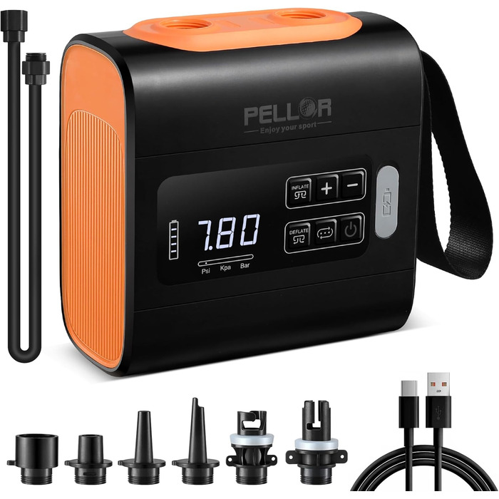 Електричний насос для SUP дошки PELLOR, 22 PSI, портативний, з акумулятором, для надування та здування, автоматичне вимкнення, для SUP дошок, каяків, наметів, човнів
