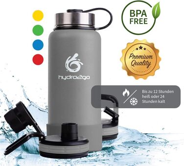 Гідрофляга hydro2go X-AlpsBottle 1 л з нержавіючої сталі – вакуумна термобутилка з 3 кришками, подвійними стінками, для спорту та туризму, Stone Grey