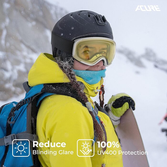 Лижна маска ACURE для дорослих і дітей, сноуборд маска з дзеркальним покриттям, сумісна з окулярами, антифог, UV-захист, жовта