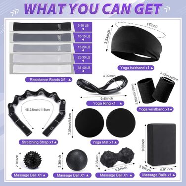 Набір для пілатесу для жінок 24 елементи: кільце, м'яч, стрічка, пляшка, фітнес-сумка, еластичні стрічки, антиковзаючі шкарпетки (чорний)