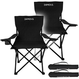 Набір з 2 туристичних стільців 24MOVE® для кемпінгу та риболовлі, чорного кольору, з підстаканником, складні, для відпочинку на природі, поліестер