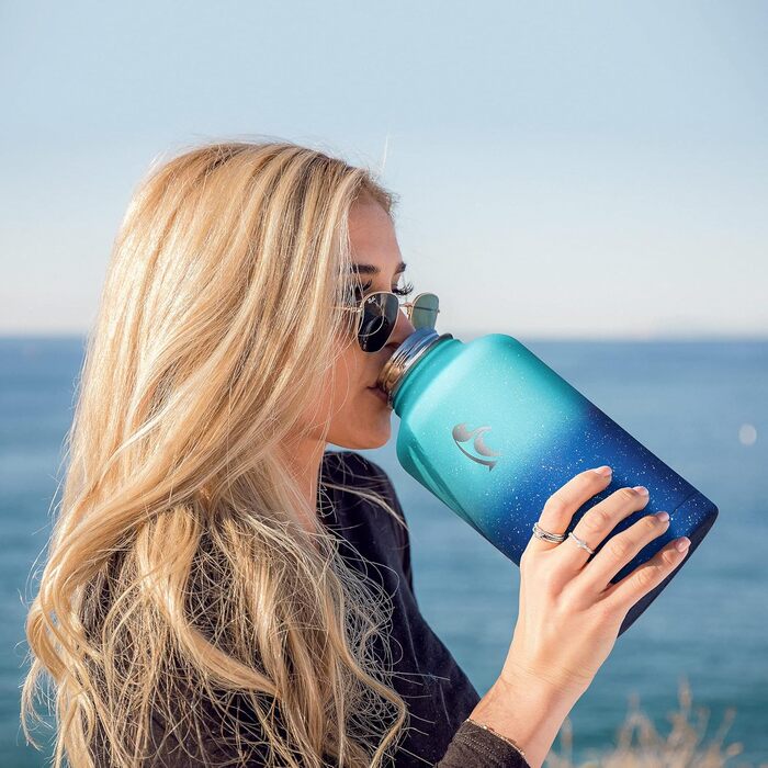 Термос Coolflask 2L із нержавіючої сталі з трубочкою, три кришки, вакуумна ізоляція, спортивна пляшка для води, для подорожей, синій градієнт