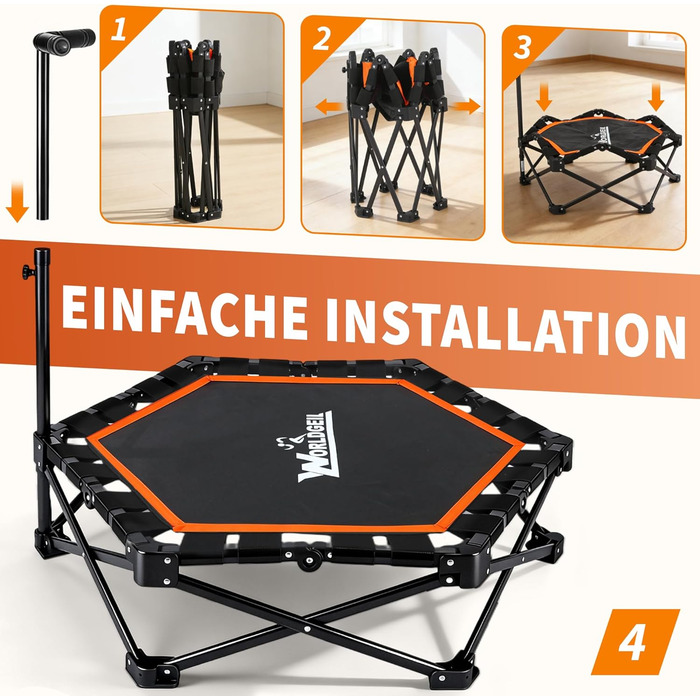 Складаний фітнес-батут для дому з регульованою ручкою, навантаження до 150 кг, діаметр 86.5 см, помаранчевий — для дорослих та дітей