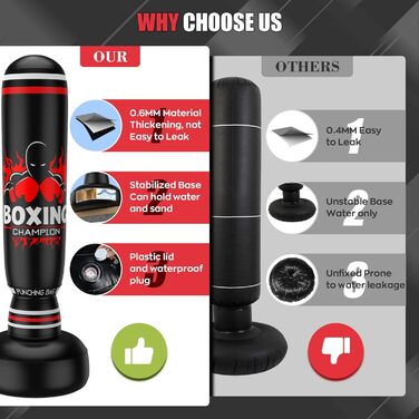 Боксерський мішок IMAYCC стоячий для дорослих та дітей з боксерськими рукавичками, посилений, 180 см, високоякісний PVC, для Муай Тай, Таеквондо, MMA, бокс, тренування, фітнес, червоно-чорний