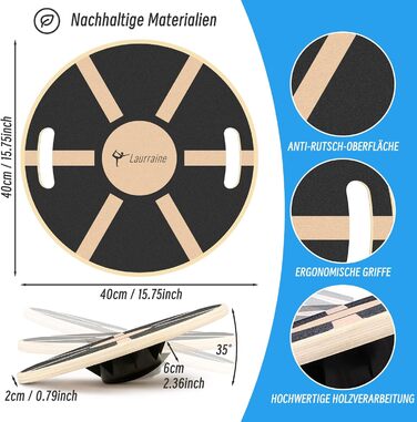 Дерев'яна баланс-дошка з неслизьким основанням, 40 см з ручками для вправ, для дорослих (чорна)