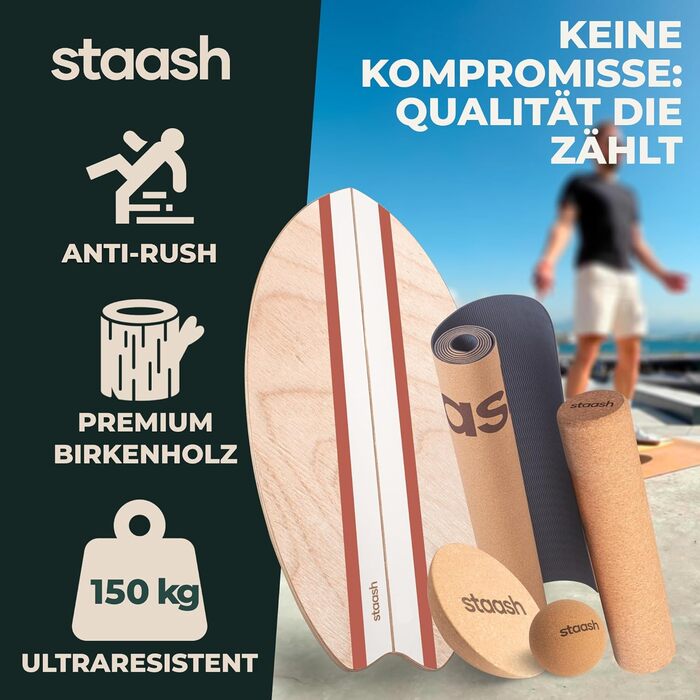 STAASH® PRO Балансборд з берези – Преміум 5-в-1 набір для балансу, фітнесу та реабілітації. Ролик + півсфера + килимок. Витримує до 150 кг, колір теракота