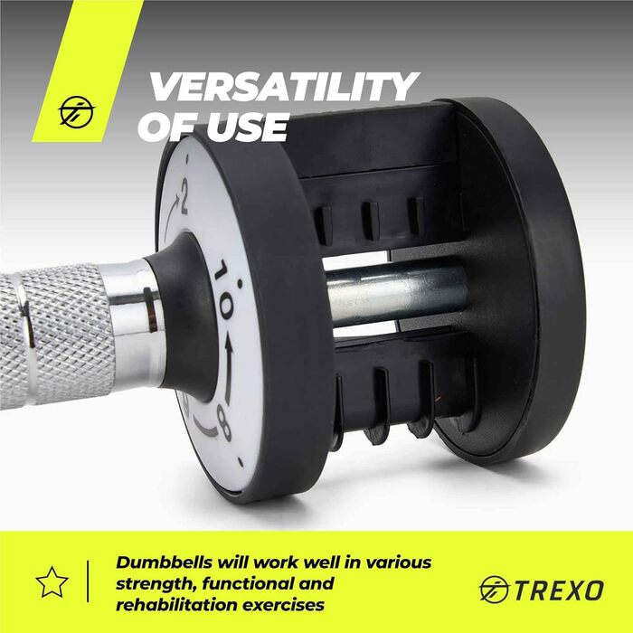 Регульований набір гантелей TREXO 2x5 кг зі сталі з неслизькими ручками. Ідеально для силових тренувань вдома та в спортзалі. Стабільна підставка (багато кольорів, 2x10 кг)