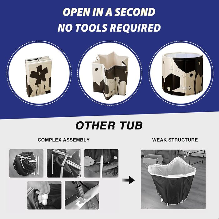 Складана портативна ванна для дорослих STARBRIIANT (80x66 см) — крижана ванна для відновлення м'язів, SPA та спорту, чорно-біла, розмір L