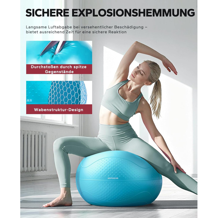 Гімнастичний м'яч HAPBEAR 55/65/75см - Анти-вибух, неслизький, з масажними попками, товстий PVC, до 200кг, комплект з насосом та гумками для фітнесу, офісу та йоги (Хмарно-блакитний, XL)