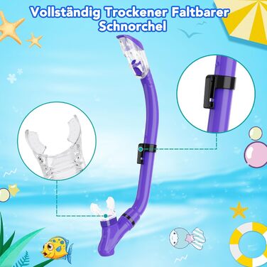 Набір для снорклінгу для дітей з ластами, маска з панорамним оглядом 180°, регульовані ласти, високоякісна маска та сухий снорклінг для плавання (фіолетовий)