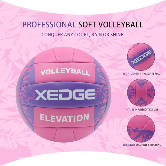 Волейбольний м'яч XEDGE, розмір 5, офіційний для тренувань в залі/на вулиці, пляж, трава, майданчик. Рожевий/фіолетовий
