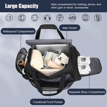 Спортивна сумка для подорожей з відділенням для взуття та вологих речей, водонепроникна сумка для фітнесу, плавання та залу, чорна (унісекс)