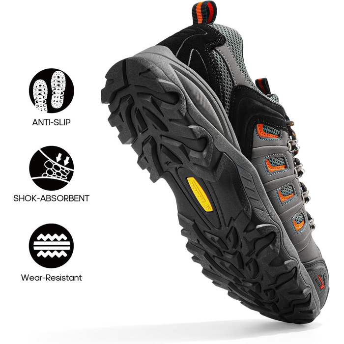 Чоловічі водонепроникні трекінгові черевики NORTIV - низькі, легкі, для хайкінгу, кемпінгу та трекінгу (41.5 EU, широкі, чорний, темно-сірий, помаранчевий матовий)