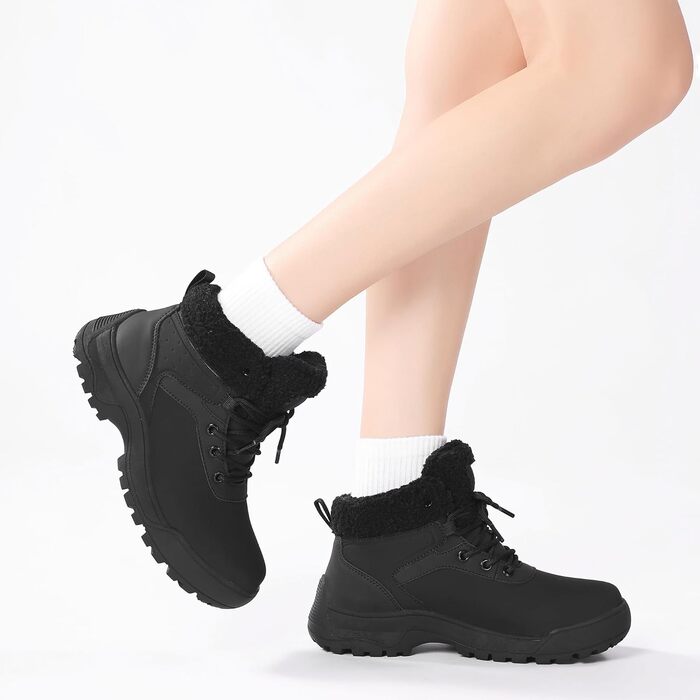 Зимові черевики жіночі снігоступи на шнурівці з антиковзким покриттям, тепла підкладка з хутром (42 EU, Чорний)
