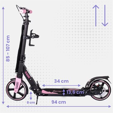 Самокат міський Bergen City Scooter Classic складаний - 200 мм колеса, дискове та ножне гальмо, 2 амортизатори, алюмінієвий, регульована висота, для дітей від 6 років та дорослих до 100 кг (Рожевий)