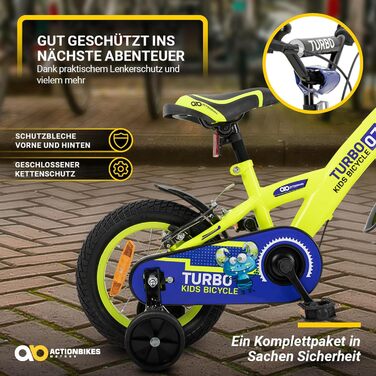 Детский велосипед Actionbikes Turbo 12/16 дюймов - V-Brake тормоза, защита от брызг, для детей 2-7 лет (для девочек и мальчиков)