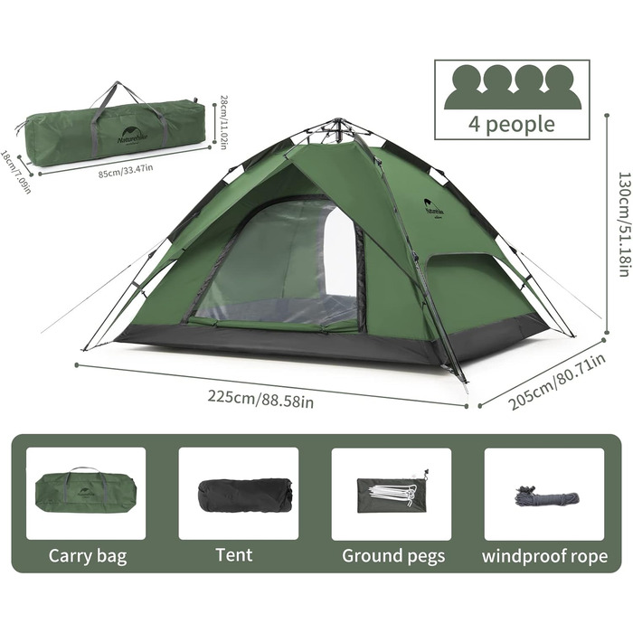 Намет Naturehike Pop Up для кемпінгу 3-4 особи, автоматичний намет-купол, сімейний намет з сумкою, колір хакі