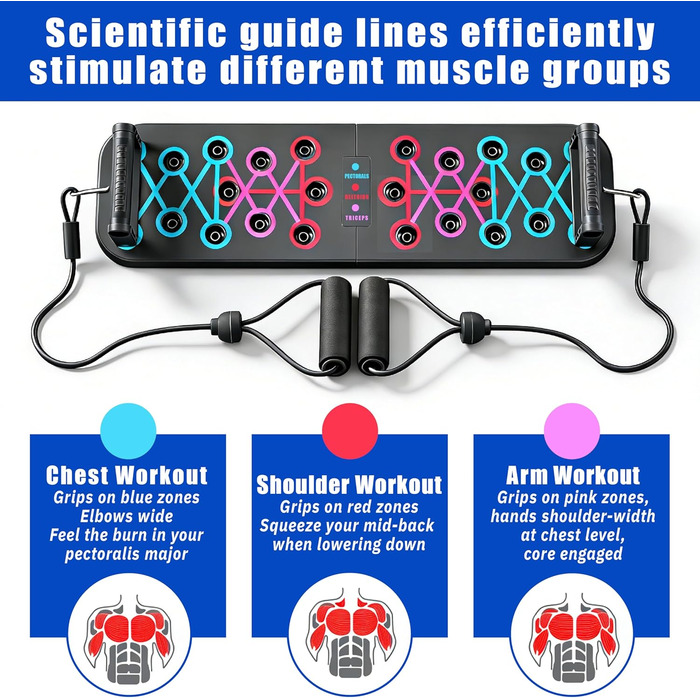 Преміум набір для віджимань 12-в-1 Push Up Board: інноваційна складана дошка для віджимань з регульованими ручками та 2 еластичними стрічками для тренувань вдома та нарощування м'язів