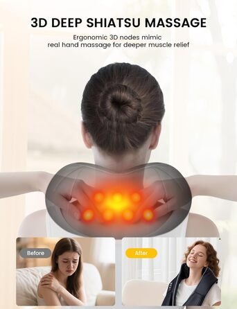 Масажер для шиї RIKE Shiatsu з підігрівом - 3D масажер для шиї, плечей та спини, з адаптерами для мережі та авто, глибока масажна дія, подарунок на Різдво