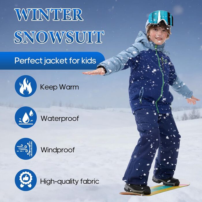 SNOWER Дитячий зимовий комбінезон для хлопчика з капюшоном, гірськолижний костюм, теплий, кольоровий зелений (10-12 років, індиго)