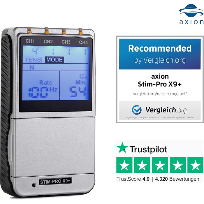 TENS EMS комбінований пристрій STIM-PRO X9+ з 8 електродних подушок 5x5 см для болісної терапії, масажу та м'язового стимулювання. Сертифікований медичний прилад axion®