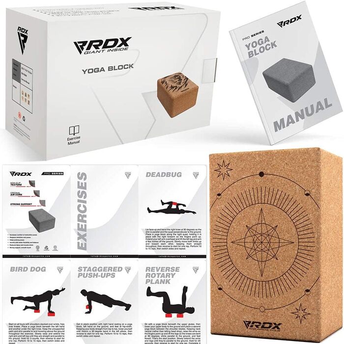 Йога-блок RDX з коркового дерева, EVA-піна, нековзкий, легкий, для балансу, гнучкості та підтримки, пілатес, фітнес, розмір 22,5x14,5x10,2 см, дизайн 5, 1 шт.