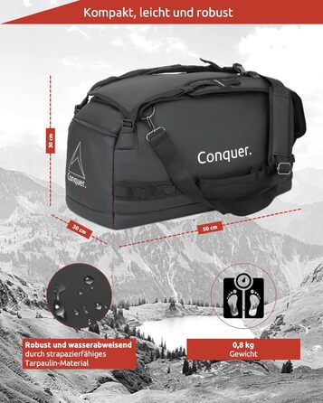 Conquer. Дорожня сумка-дуфел 45 л, водостійка, з плечовими лямками та відділенням для взуття, для подорожей, спорту, сауни, ручна поклажа