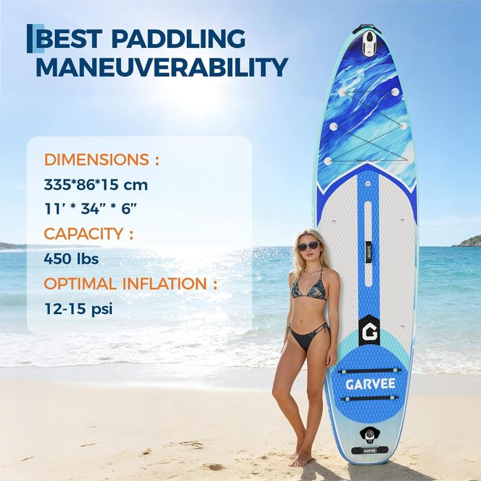 SUP Board Garvee надувний, блакитний 335x85.9x15 см - Комплект для дорослих та підлітків: весло, насос, рюкзак, EVA-дека