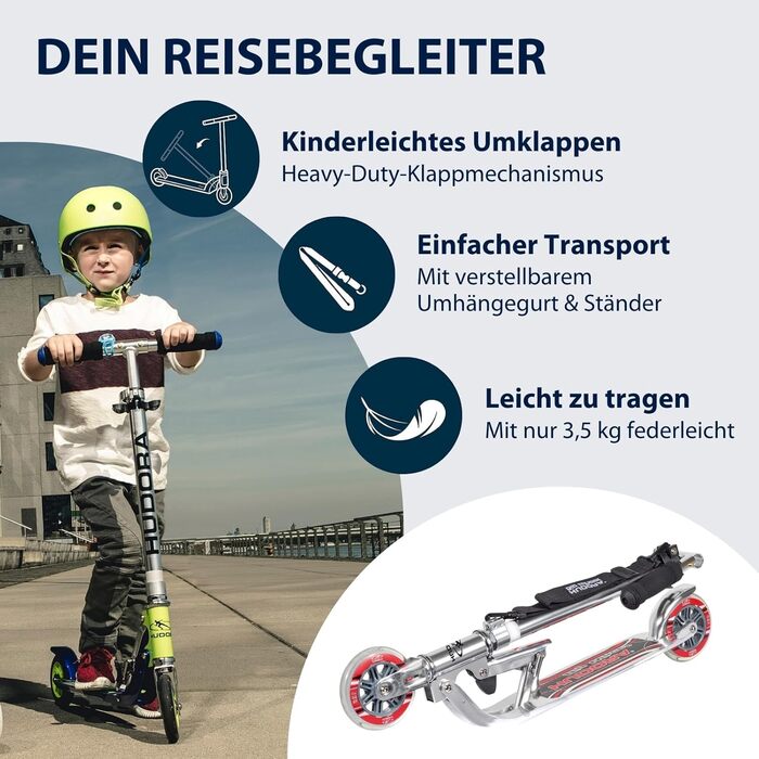 Самокат HUDORA BigWheel 125 алюмінієвий, складаний, для дітей, до 100 кг, регульована висота, міський, з ременем для перенесення