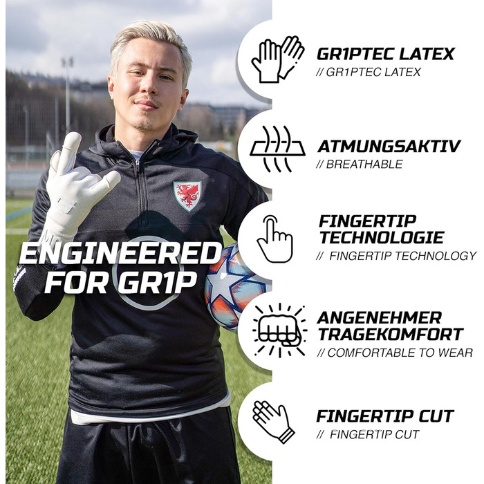 Воротарські рукавички GRIPMODE Air Whiteout FT з Griptec®, для футболу, універсальні, розміри 7-11