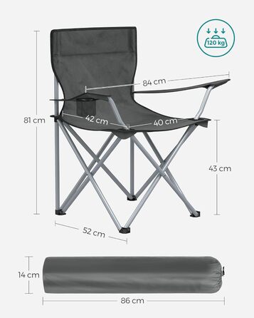 Крісла для кемпінгу SONGMICS, складані, для відпочинку на природі, зручні, з підлокітниками та тримачем для напоїв, стабільний каркас, вантажопідйомність 120 кг, 2 шт. (Шифер сірий)