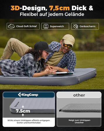Каремат самонадувний KingCamp R-Wert 7.5-15.5 Super Komfort для кемпінгу (2 особи, сірий, 7.5 см)