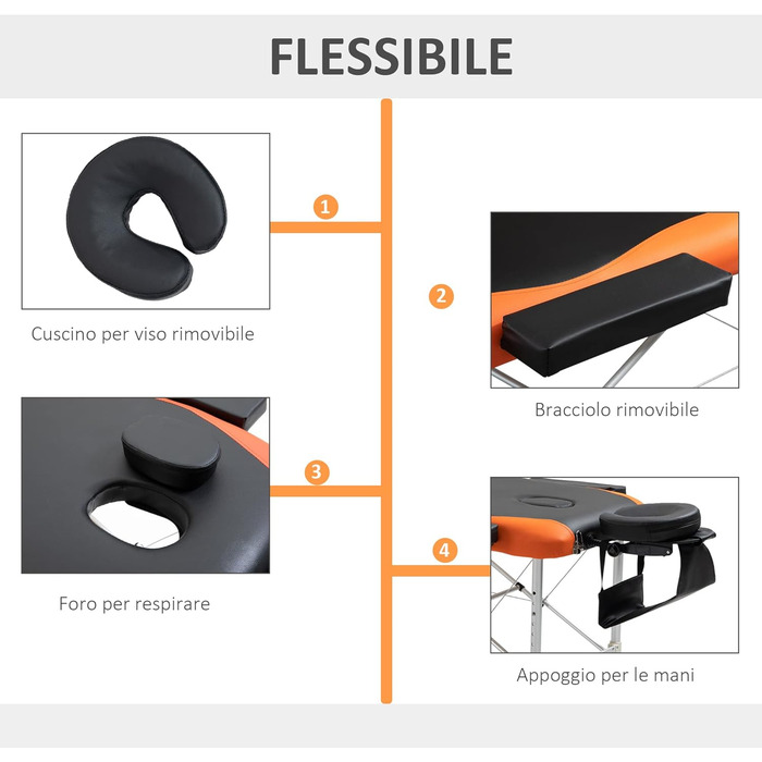 HOMCOM Складаний масажний стіл з алюмінію, з підголовником та сумкою для перенесення, до 225 кг - 215 x 60 см