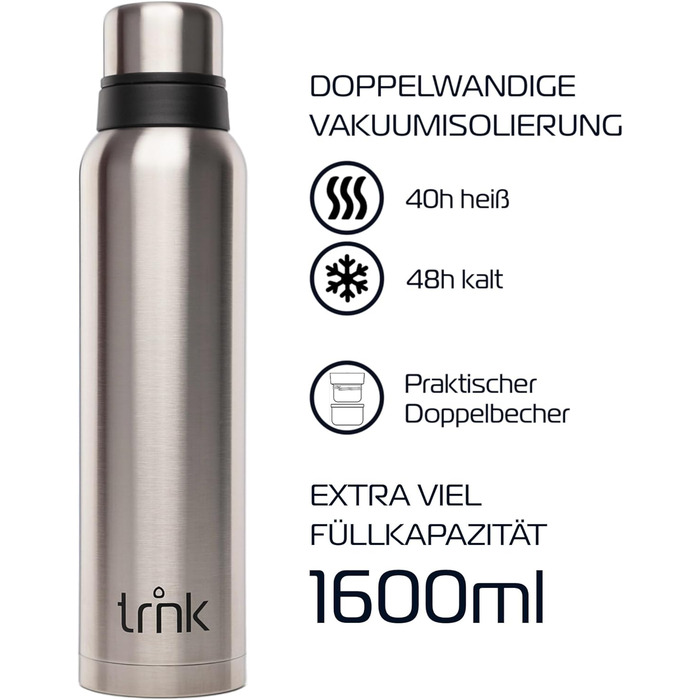 Термос trnk Outdoor polar 2, 1600 мл, нерж. сталь, BPA-free, тримає тепло 40 год, 2 чашки, для походів, стійкий до миття в посудомийці, сріблястий