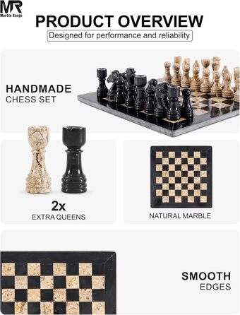 Шаховий набір з мармуру для дорослих, ручної роботи, 32 фігури, 2 додаткові королеви, коробка для зберігання, розкішний подарунок, елегантний декор (чорний & кораловий)