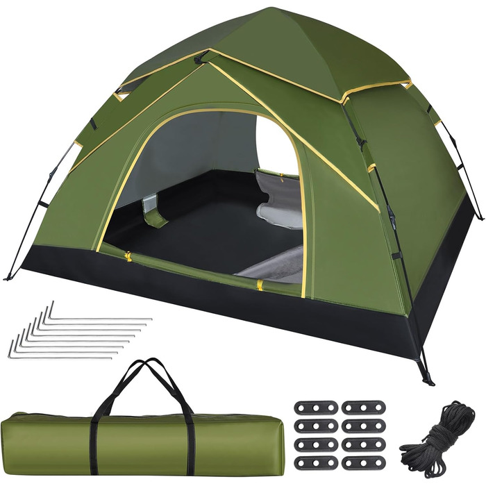 Намет для кемпінгу Jaztral 3-4 особи, автоматичний, куполоподібний, водонепроникний, вітростійкий, 3-4 сезонний, для сім'ї, трекінгу та кемпінгу, колір: зелений