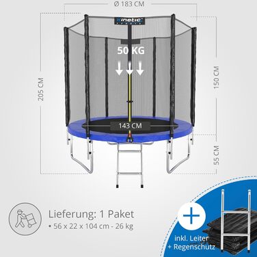 Батут KINETIC SPORTS Salto Plus Outdoor для дітей: Ø 183/244/305/366/400/430/490 см - Комплект з сіткою, захисним бордюром та сходами, до 160 кг