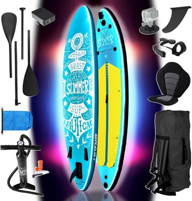 Надувний SUP Board BRAST з LED-підсвічуванням | Комплект для станд-ап паддлінгу | 320x81x15 см | 4 дизайни | LED-підсвічування 10 кольорів | 5 років гарантії | 2в1: весло + сидіння для каяка | Тримач для Action-Cam | Петля для ноги (Summer Petrol)