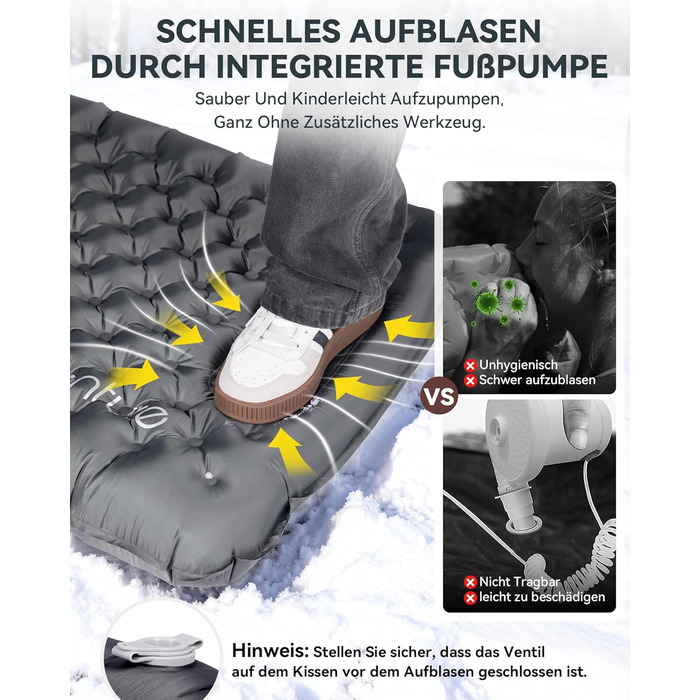 Килимок для кемпінгу HIKENTURE R-Wert 7.3 з ножною помпою, 10 см товщини, 210x64 см, 4 пори року, для туризму та наметів