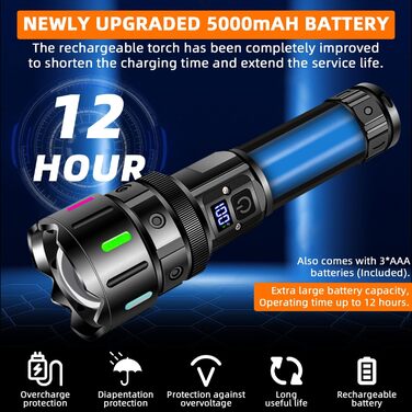 Ліхтар тактичний LED Azyvum, 1000000 люмен, Zoom, 5 режимів, водонепроникний IP67, для кемпінгу, риболовлі, туризму, надзвичайних ситуацій (чорний)