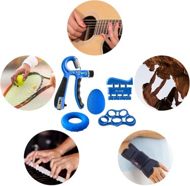 Набір для тренування сили хвата FLYFE (5 шт.) - тренажер передпліччя, ручний стискач, регульований опір, розтягувач пальців, кільце для хвата, м'яч для зняття напруги та тренажер пальців для чоловіків та жінок, відновлення після травм, блакитний