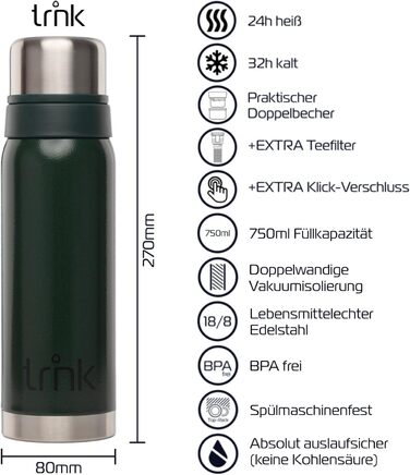 Термос trnk Outdoor polar 2, 750 мл, нержавіюча сталь, BPA-free, з 2 чашками, тримає тепло 24 години, підходить для посудомийної машини, зелений