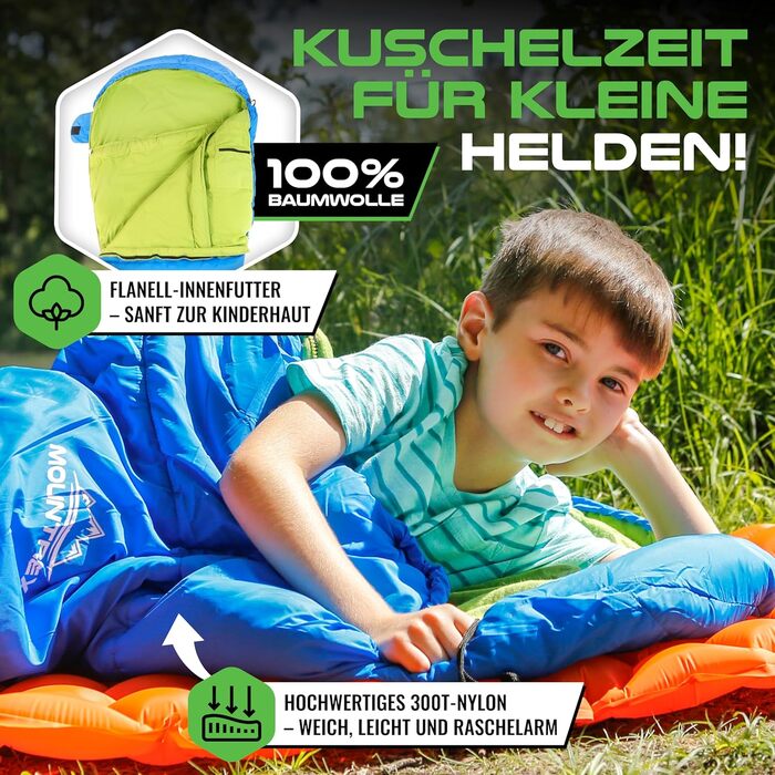 Дитячий спальний мішок MOUNTREX® - зручний та легкий, 175x70x45 см - для подорожей, кемпінгу, відпочинку на природі. 100% бавовна, блакитний/зелений