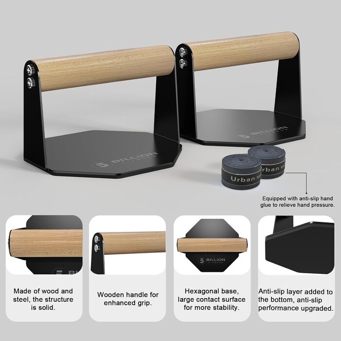 5BILLION Ручки для віджимань Push Up Bars - тренажер для дому, підтримка м'язів спини та рук, піна (чорний), сталь + дерево