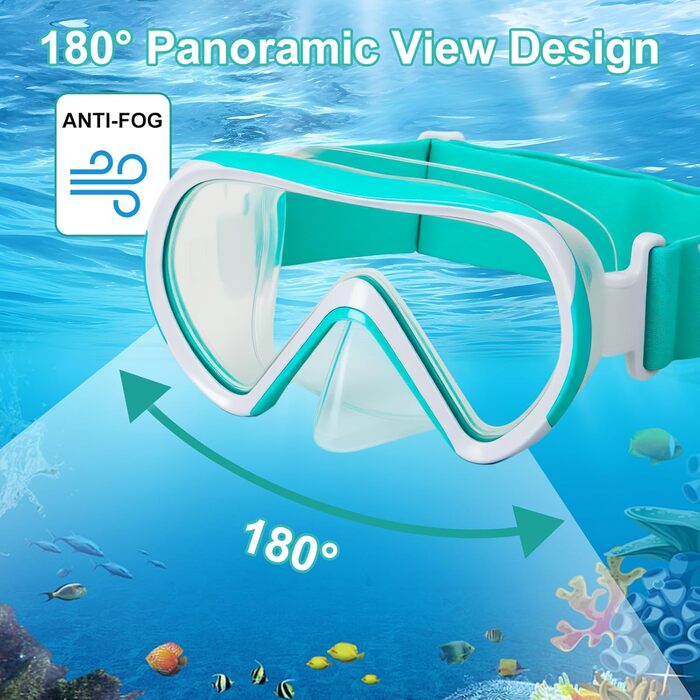 Дитяча маска для снорклінгу Kinder з трубкою, 180° панорама, проти запотівання, для дітей 4-16 років (Блакитна)